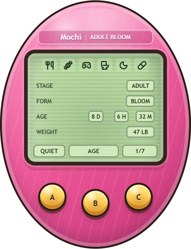 The Tamagotchi status screen showing an eight-day-old adult Bloom weighing 47 pounds