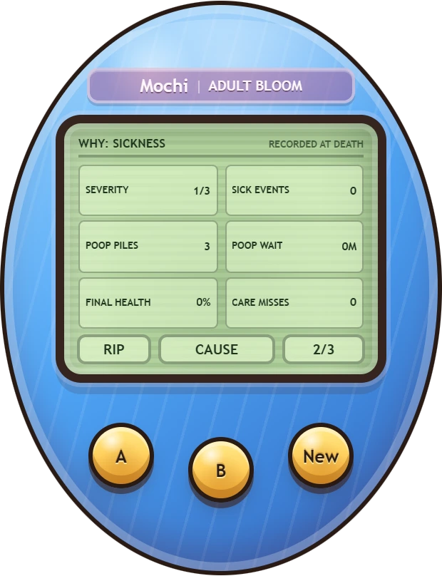 The Tamagotchi death report recording sickness, severity, poop piles and final health