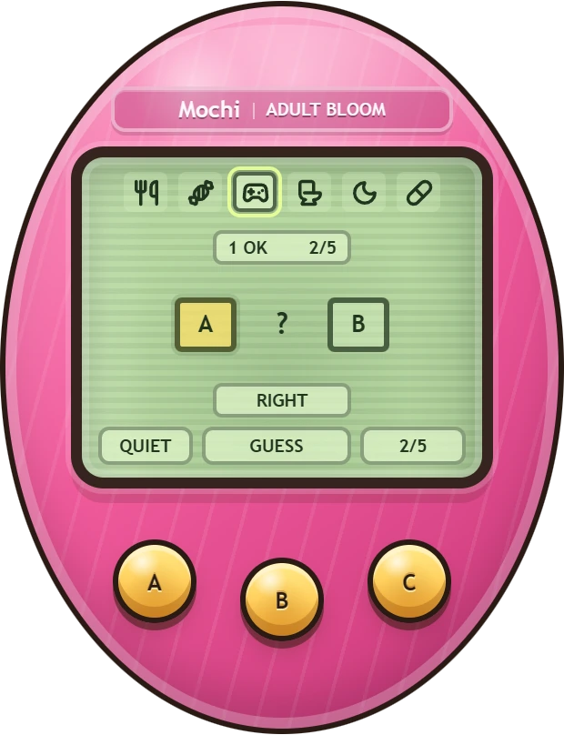 The Tamagotchi five-round guessing game with A and B choices