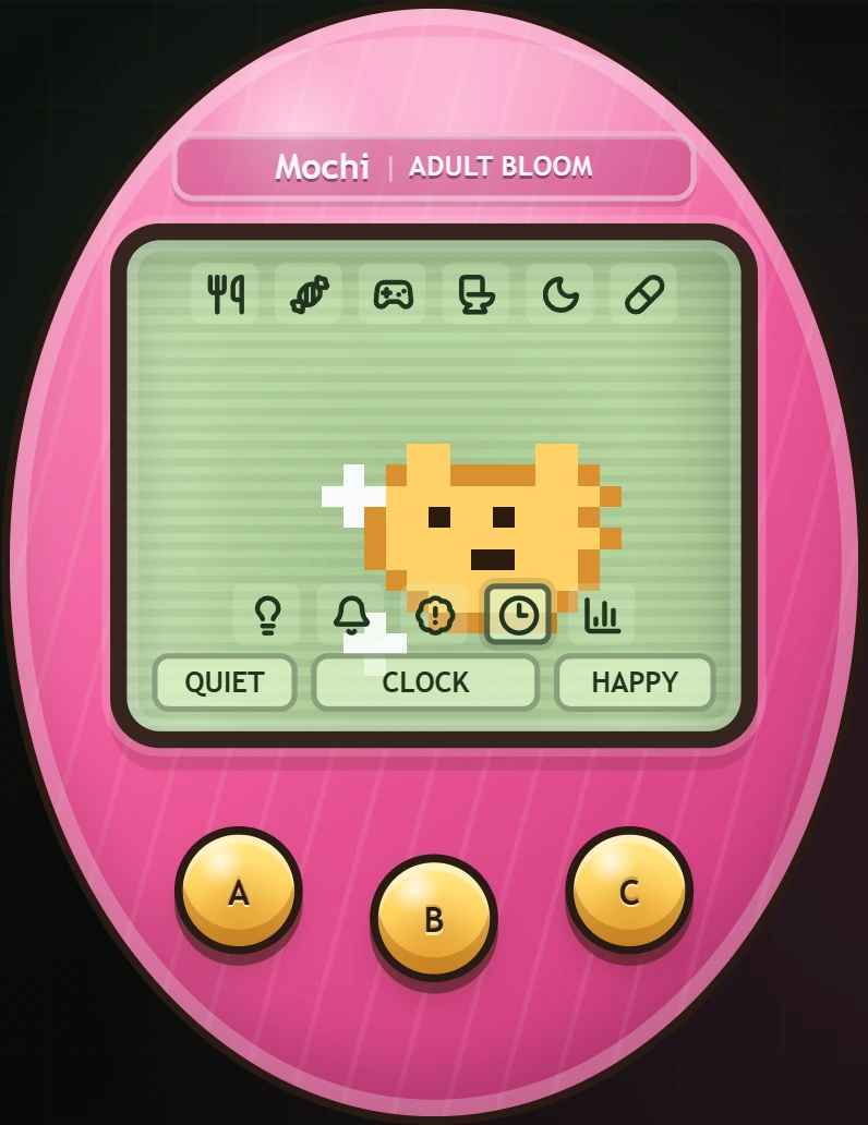 The working desktop Tamagotchi showing Mochi in its adult Bloom form