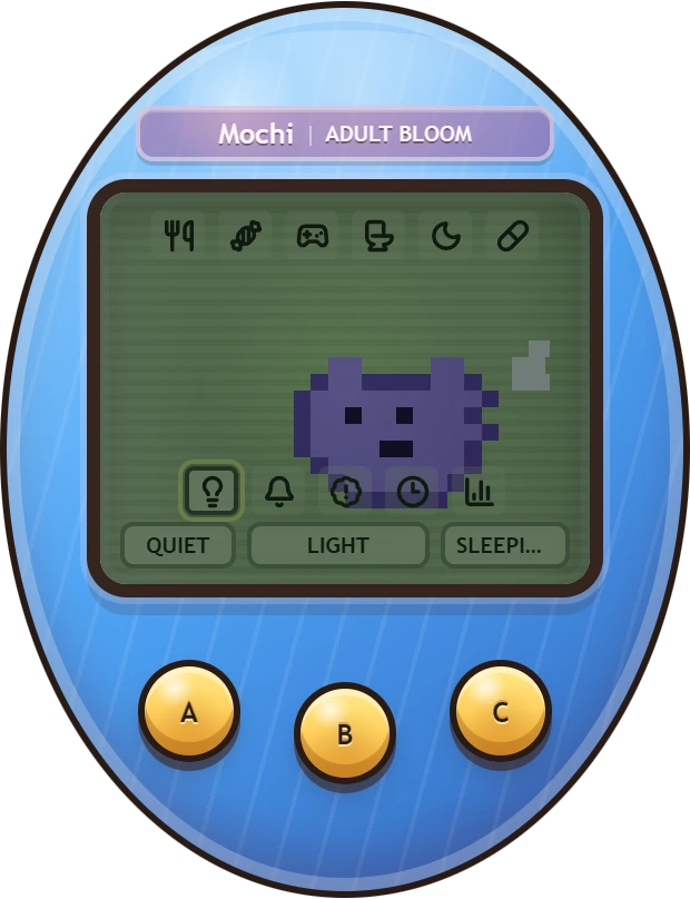 Mochi sleeping in a blue Tamagotchi shell with the LCD lights turned off