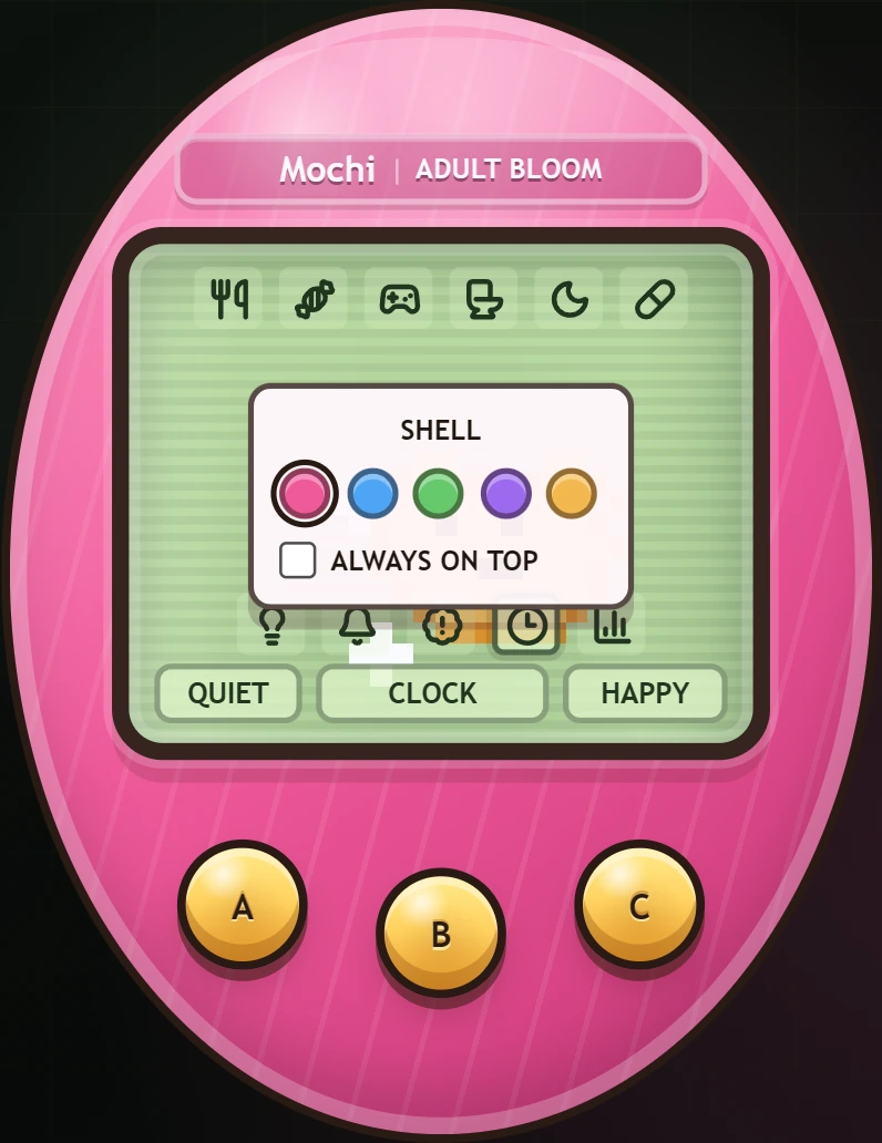 The Tamagotchi shell settings menu with five color choices and an always-on-top option
