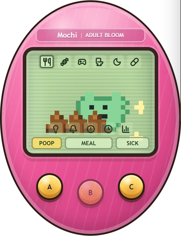 A sick Tamagotchi beside three poop piles with an active poop attention call