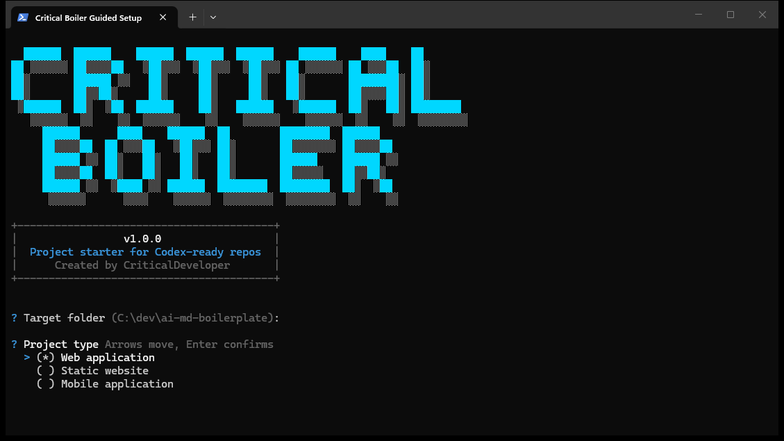 Critical Boiler project type selector with web, static website, and mobile choices